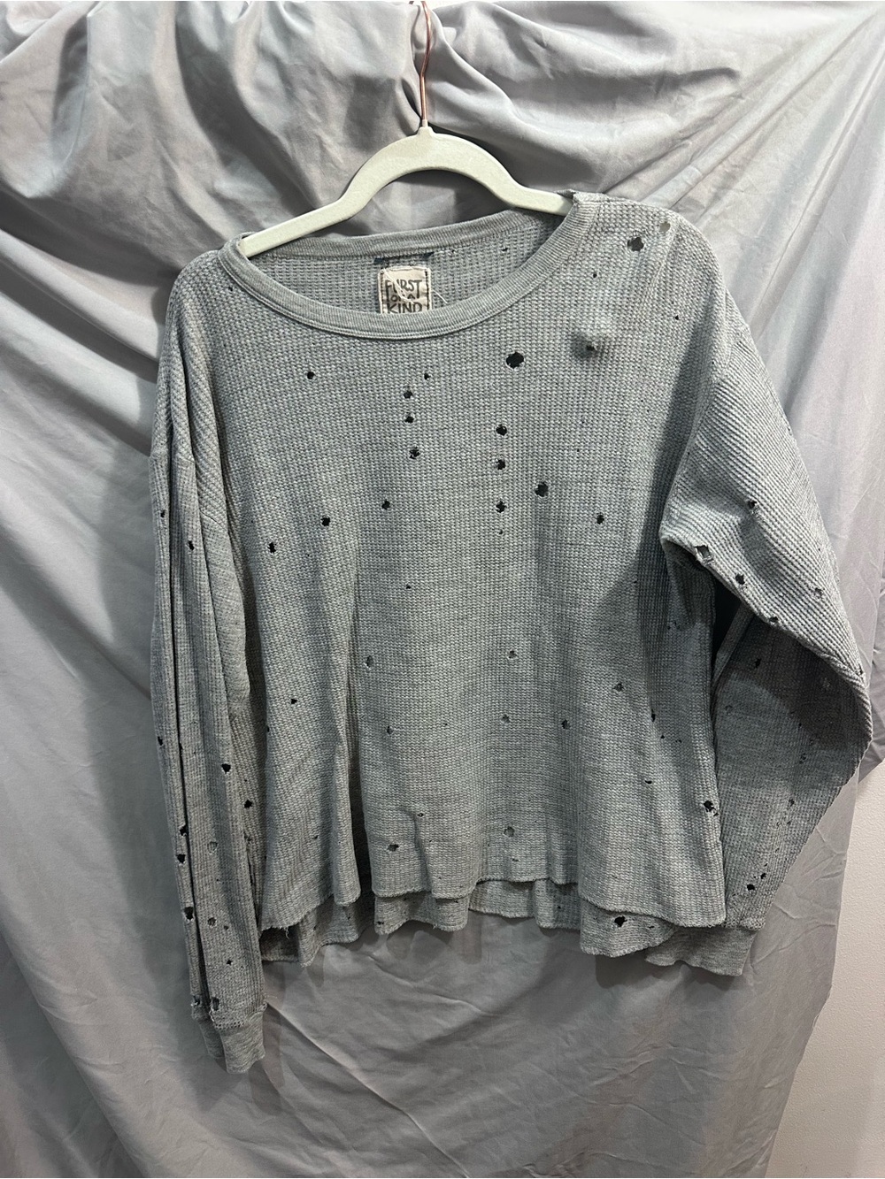Furst Of A Kind Light Gray Distressed Waffle Long Sleeve Tee